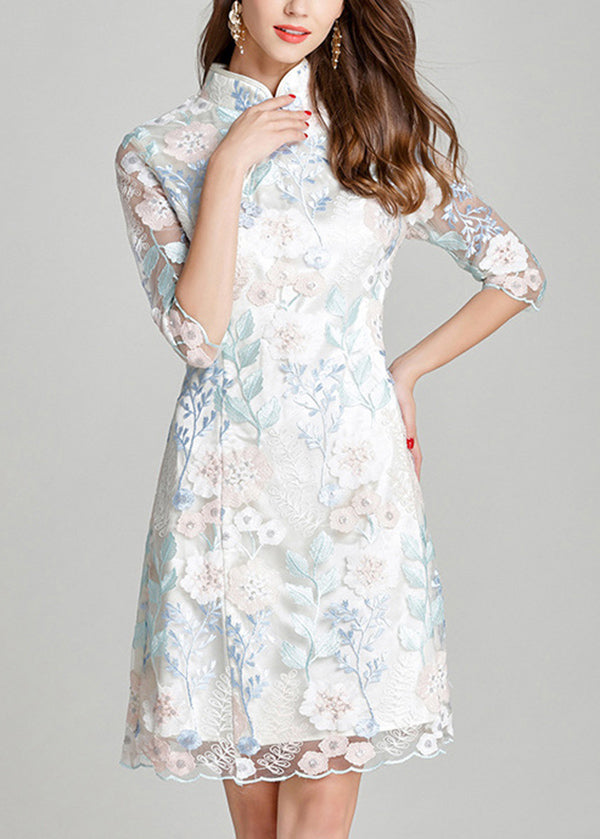 White Stand Collar Embroidered Silk Mid Dresses Summer