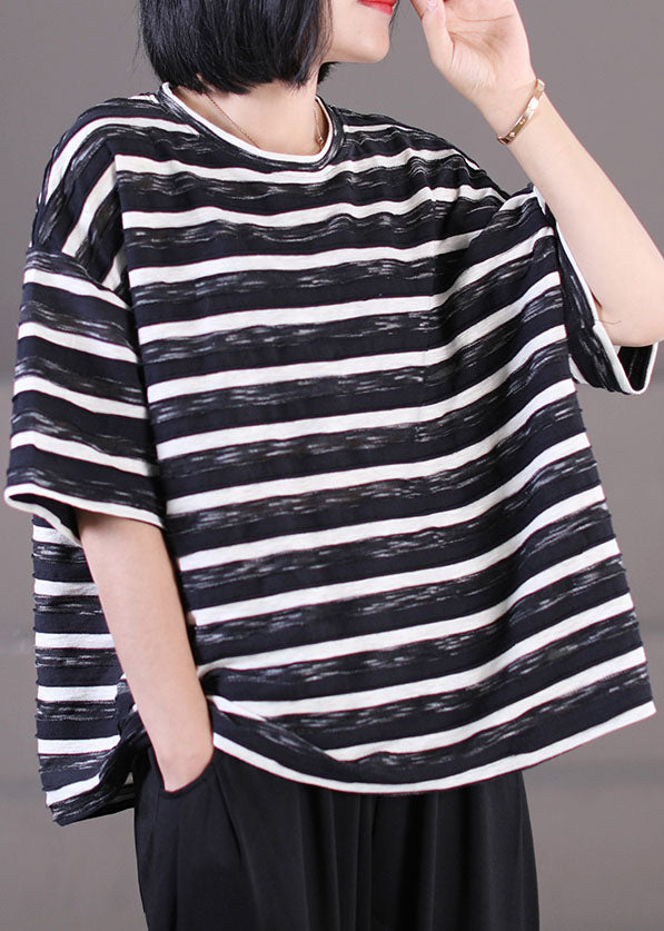 Black O-neck Oversized Striped Cotton Tank Tops Short Sleeve