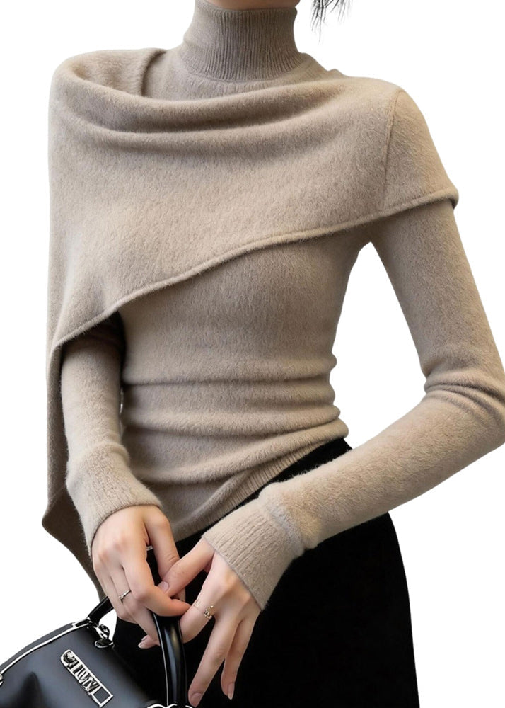 Silm Fit Khaki High Neck Shawl Knit Sweaters Spring