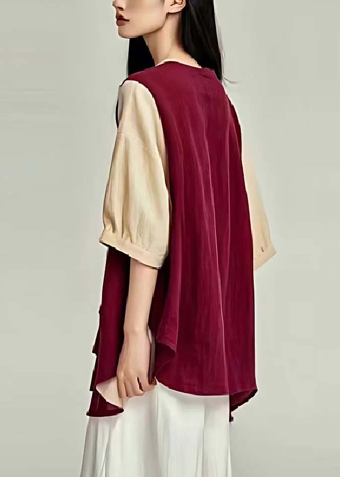 Mulberry V Neck Patchwork Linen Blouse Top Summer