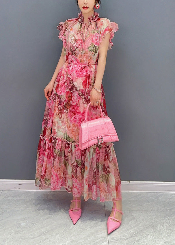 Pink Ruffled Print Patchwork Dress Sets 2 Pieces Summer