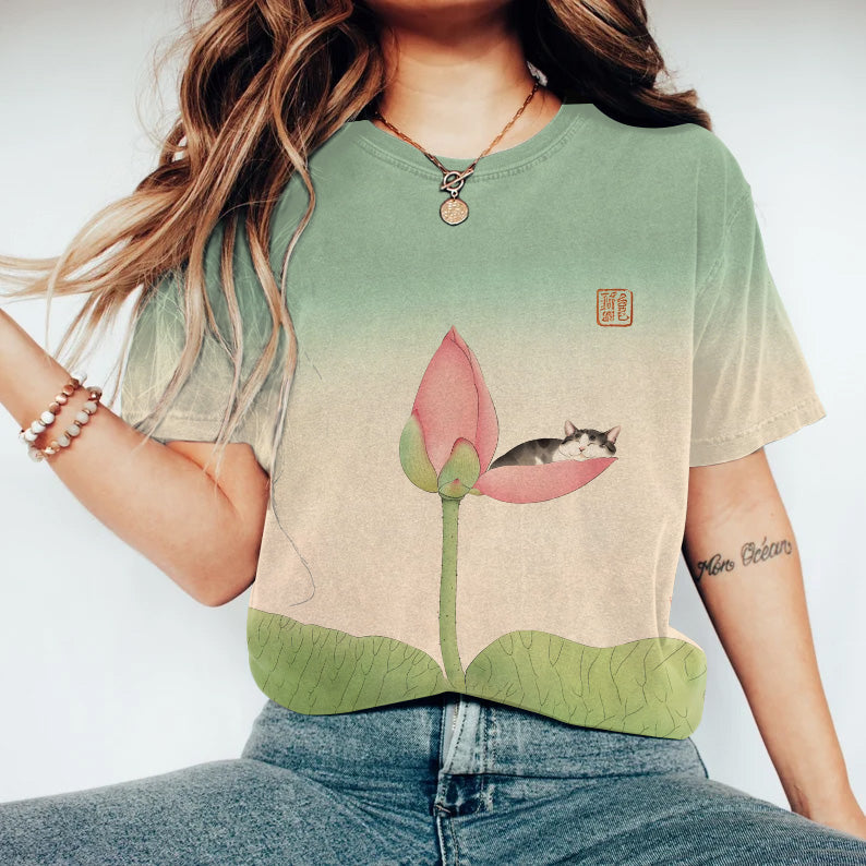 Japanese Art Cat Sleeps Lotus Print Short Sleeve T-Shirt elevenforest