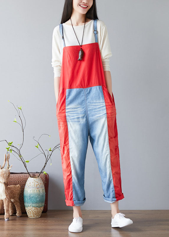 Simple Red Pockets Patchwork Jeans Jumpsuit Spring