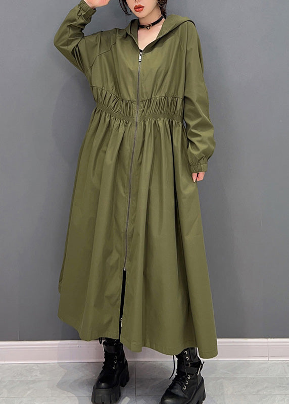 Green Zippered Wrinkled Hooded Long Trench Coats Spring