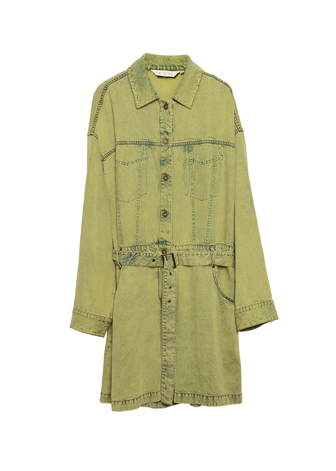 Yellow Green Peter Pan Collar Denim Jumpsuit Long Sleeve