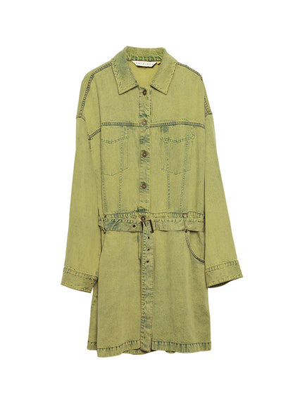 Yellow Green Peter Pan Collar Denim Jumpsuit Long Sleeve