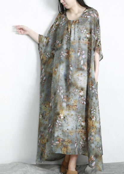 Grey Green Print Linen Pockets Summer Dresses