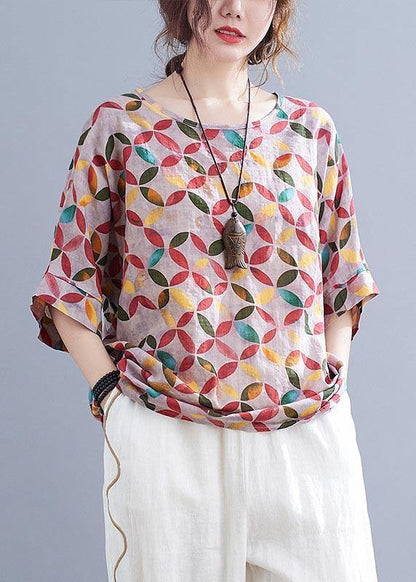 Red Print Half Sleeve Cotton Linen Summer Shirt