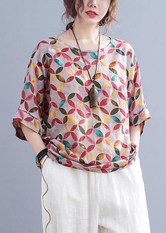 Red Print Half Sleeve Cotton Linen Summer Shirt