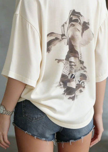 Apricot O Neck Print Cotton T Shirt Summer