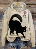 Japanese Inspired Cat Print Casual Hoodie elevenforest