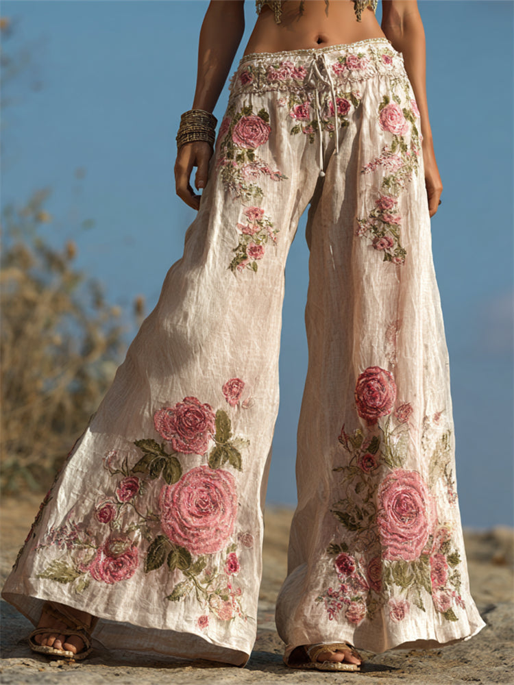 Boho Pink Roses Embroidered Flowy Wide Leg Linen Pants artswardrobe