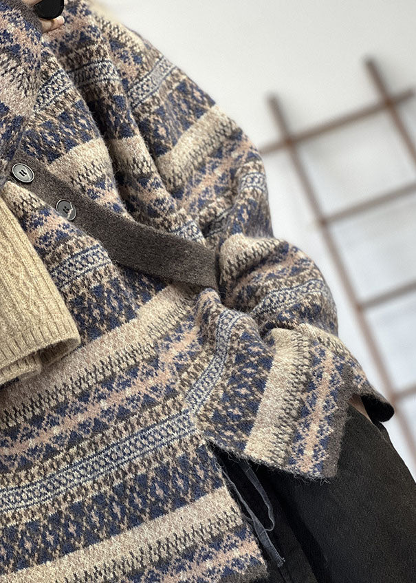 Blue Asymmetrical Oversized Print Wool Knit Cardigan Winter