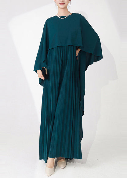 Teal Cape-style Wrinkled Chiffon Party Dress Fall