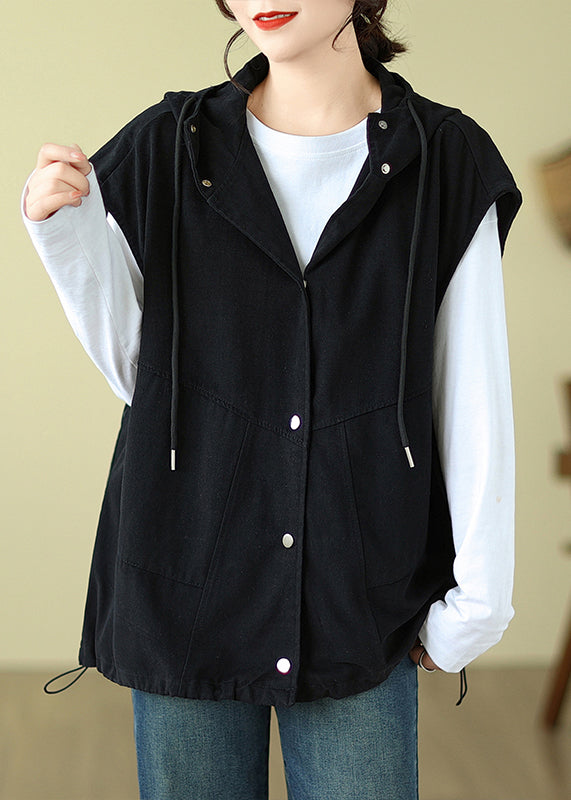 Black Hooded Button Drawstring Cotton Waistcoat Sleeveless