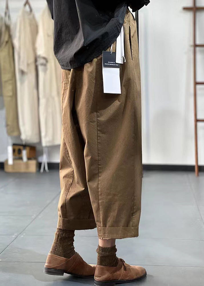 Khaki Pockets Elastic Waist Cotton Crop Pants Fall