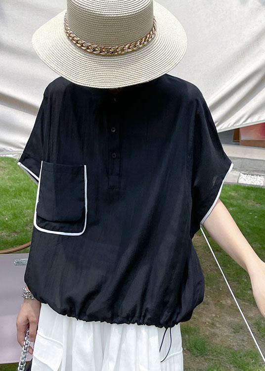 Black Pockets Peter Pan Collar Button Cotton Top Summer