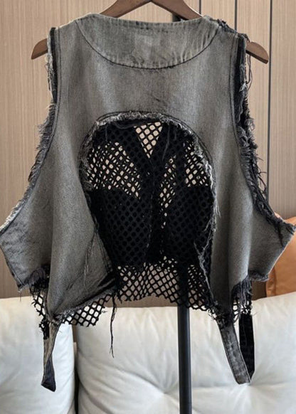 V Neck Pockets Breathable Mesh Patchwork Denim Vest Sleeveless