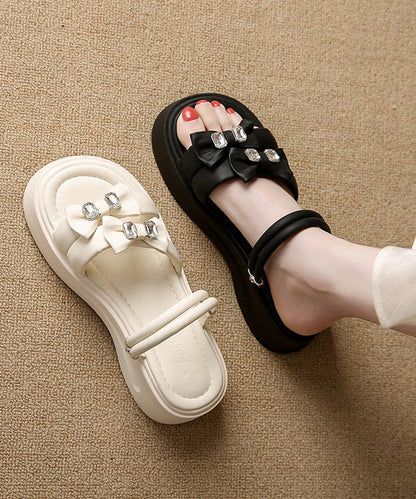 Bow Zircon Splicing Platform Black Faux Leather Slide Sandals