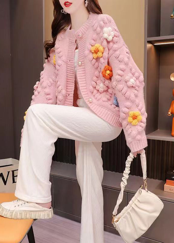 French Pink O Neck Patchwork Knit Cardigan Fall