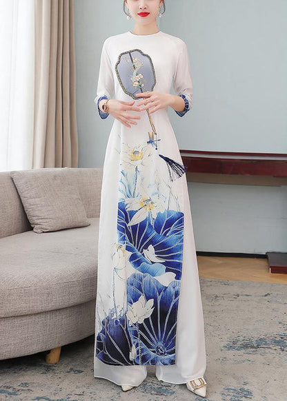 Silm Fit Pink Print Silk Cheongsam Dress Two Pieces Set Fall