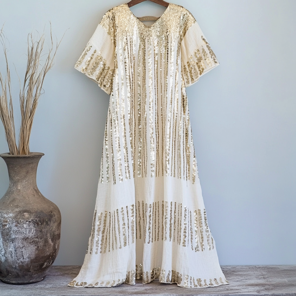 Women's Gold Sequin Striped Casual Linen Dress artswardrobe