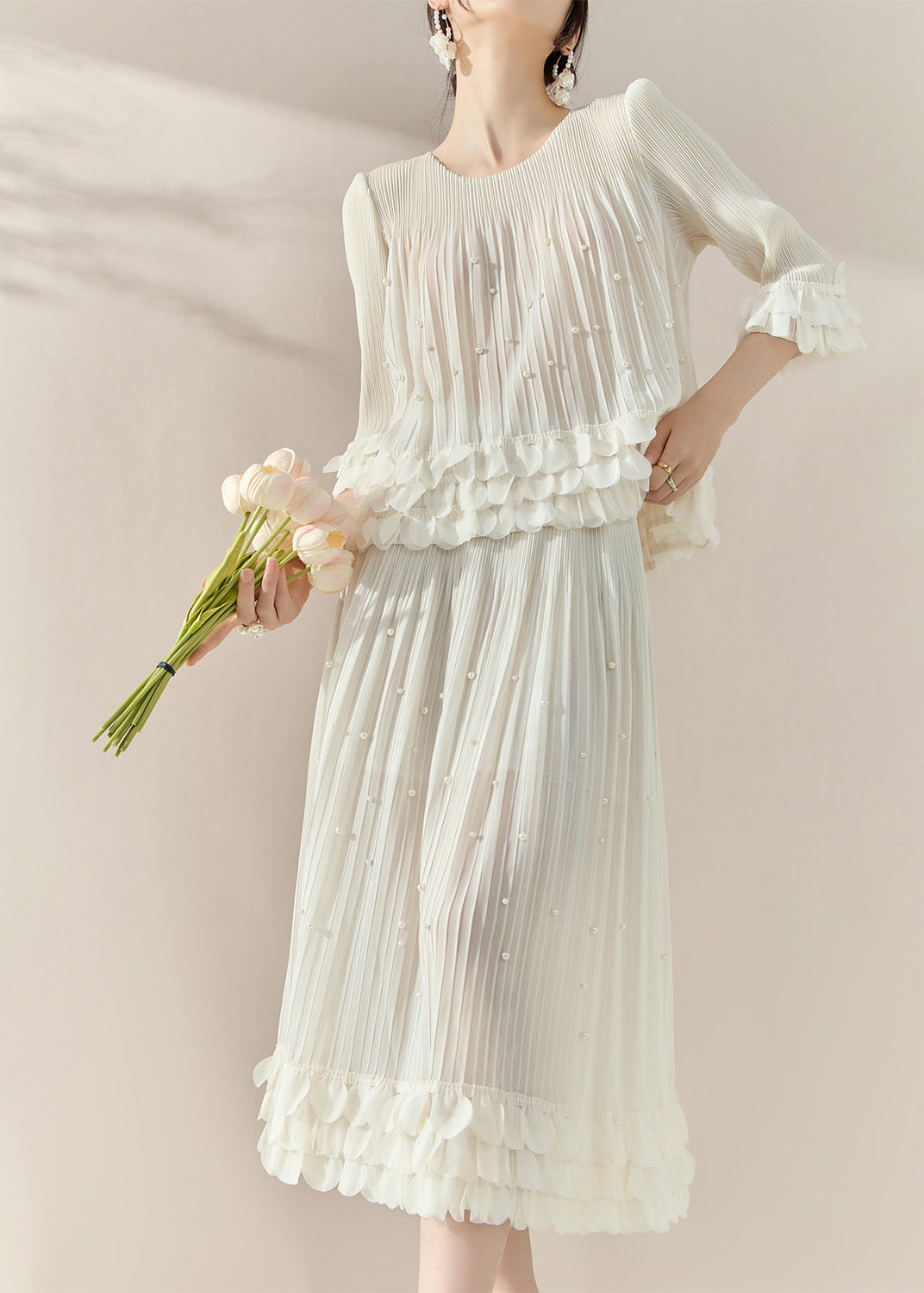 French White Nail Bead Silk Cotton Top and Maxi Skirts Two Piece Set Half Sleeve