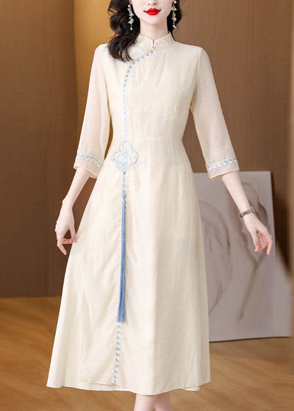 Stylish Apricot Stand Collar Embroideried Tassel Silk Long Dresses Spring