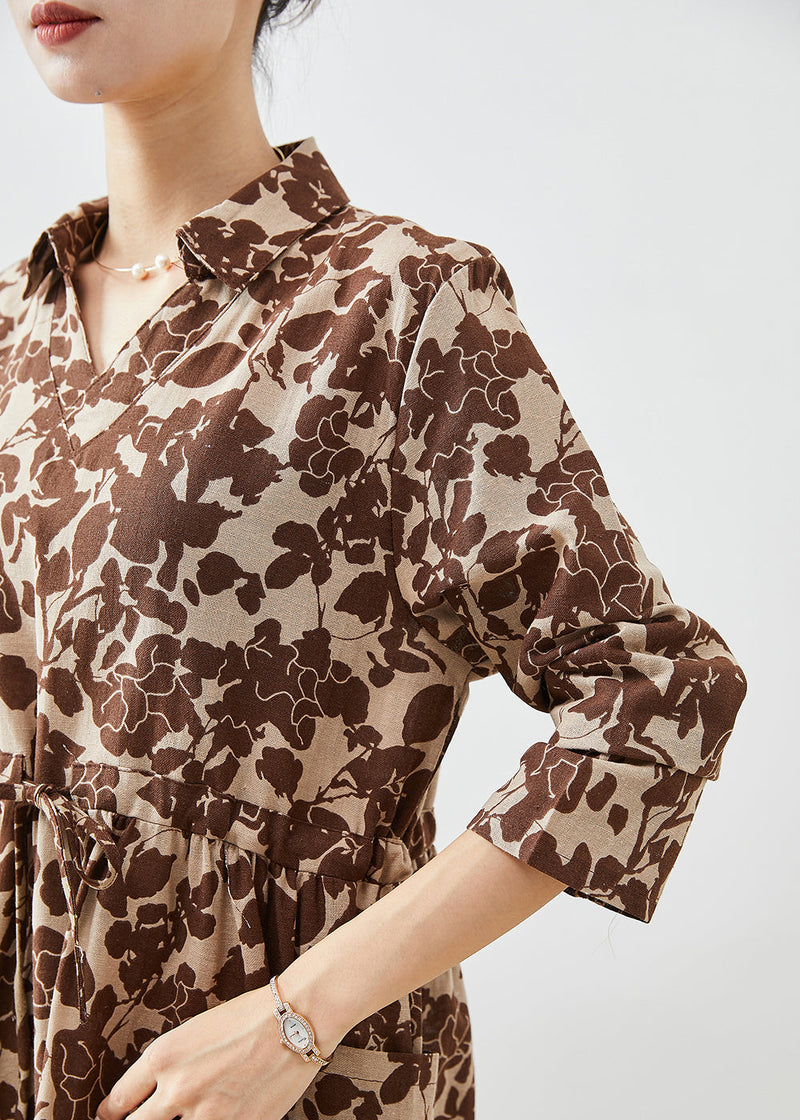 Khaki Cinched Print Cotton Long Dresses Fall