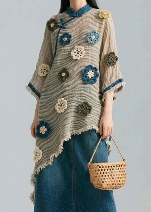 Asymmetrical Wrinkled Patchwork Cotton Blouse Bracelet Sleeve