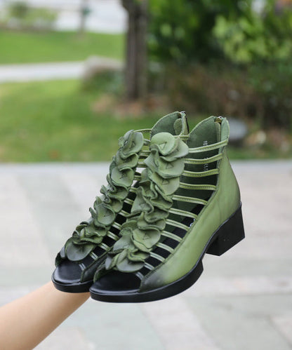 Green Sandals Boots Hollow Out Splicing Chunky Peep Toe