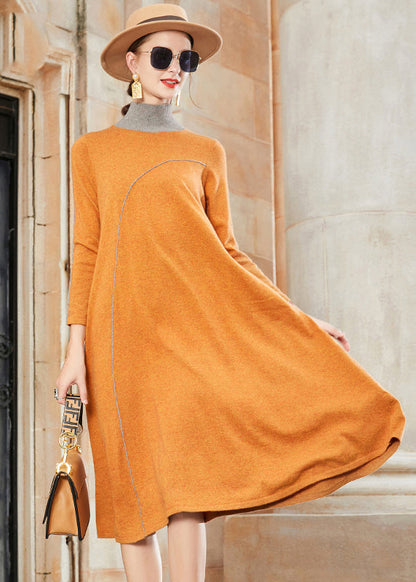 Yellow Stand Collar Patchwork Woolen Dresses Fall
