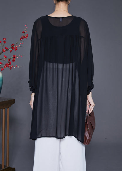 Black Tasseled Chinese Button Chiffon Blouses Bracelet Sleeve