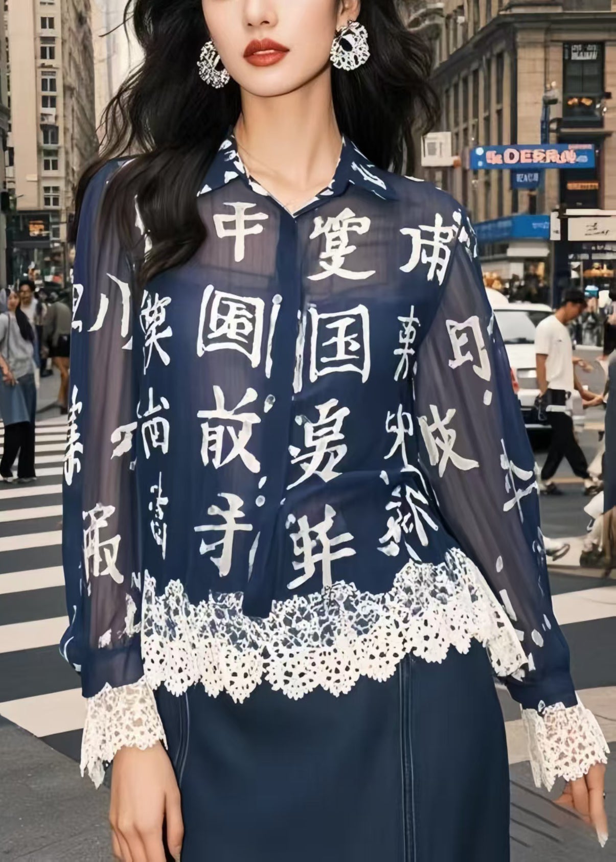 Navy Chinese Character Patchwork Lace Chiffon Blouse Top Spring