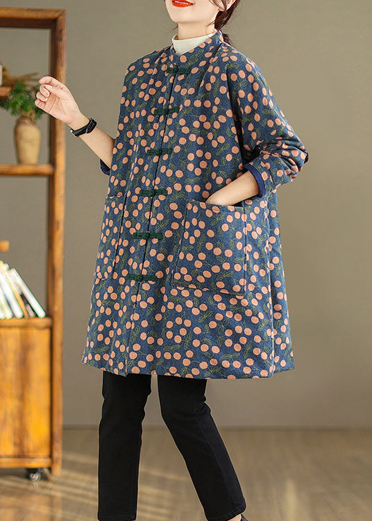 Print Pockets Chinese Button Fine Cotton Filled Coat Winter