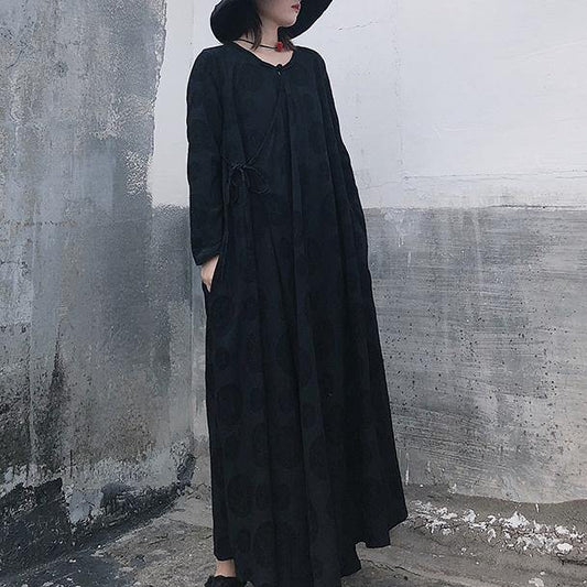 French Black Jacquard Clothes O Neck Tie Waist Long Spring Dress