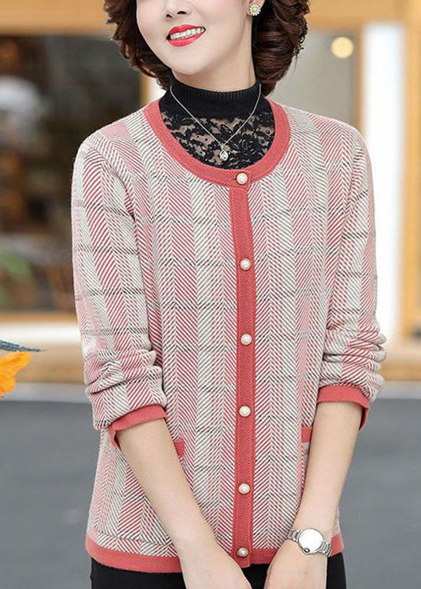 Red O-neck Pockets Plaid Knit Coat Long Sleeve