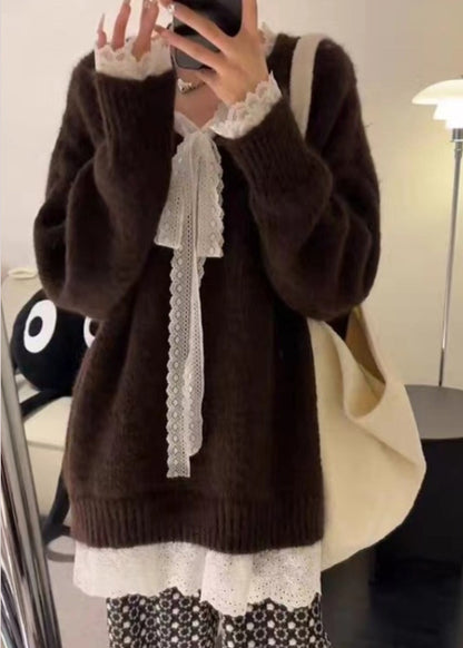 Grey Cozy Lace Patchwork Knit Sweater Winter