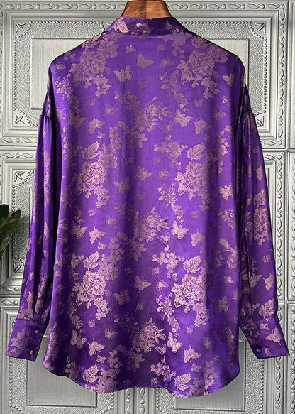 Purple Print Lace Up Patchwork Silk Shirts Long Sleeve