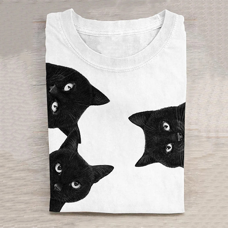 Unisex Black Cat Art Print Casual Tee elevenforest