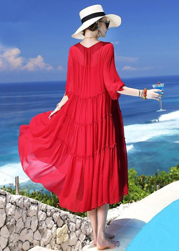 Red Patchwork Silk Two Pieces Set Beach Holiday Dress Summer