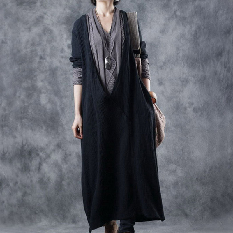 French Blackapricot V Neck Patchwork Pockets Fall Knit Long Sleeve Maxi Dress