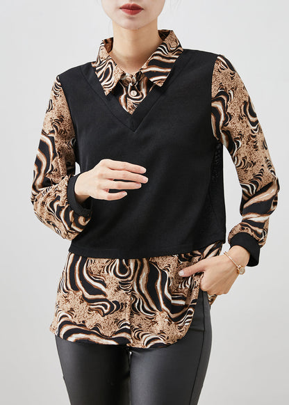 Leopard Print Patchwork Cotton Fake Two Piece Shirt Top Fall