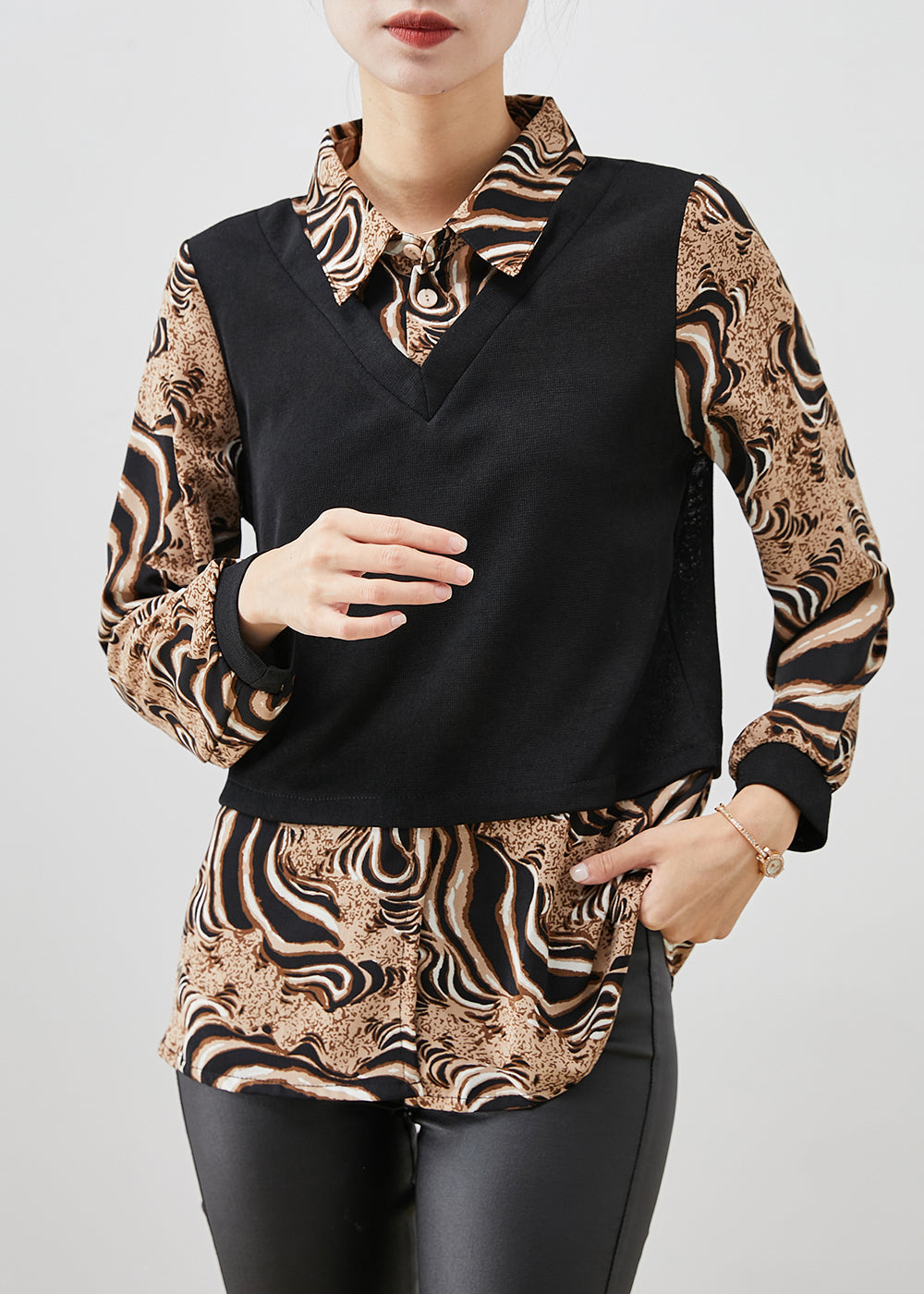 Leopard Print Patchwork Cotton Fake Two Piece Shirt Top Fall