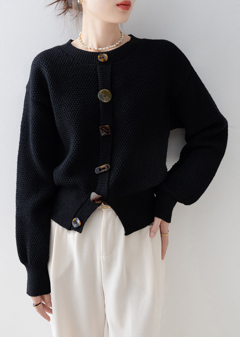 Black O-neck Cozy Knit Cardigan Winter