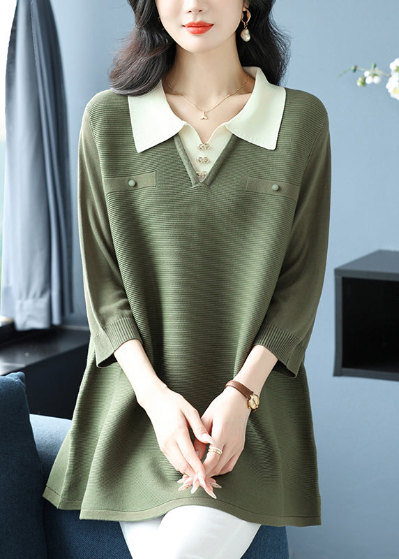 Green Peter Pan Collar Patchwork Ice Silk Tops Bracelet Sleeve