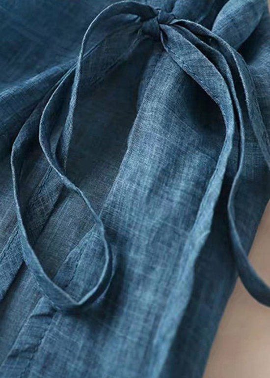 Blue O-neck Embroideried Cotton Dress Short Sleeve