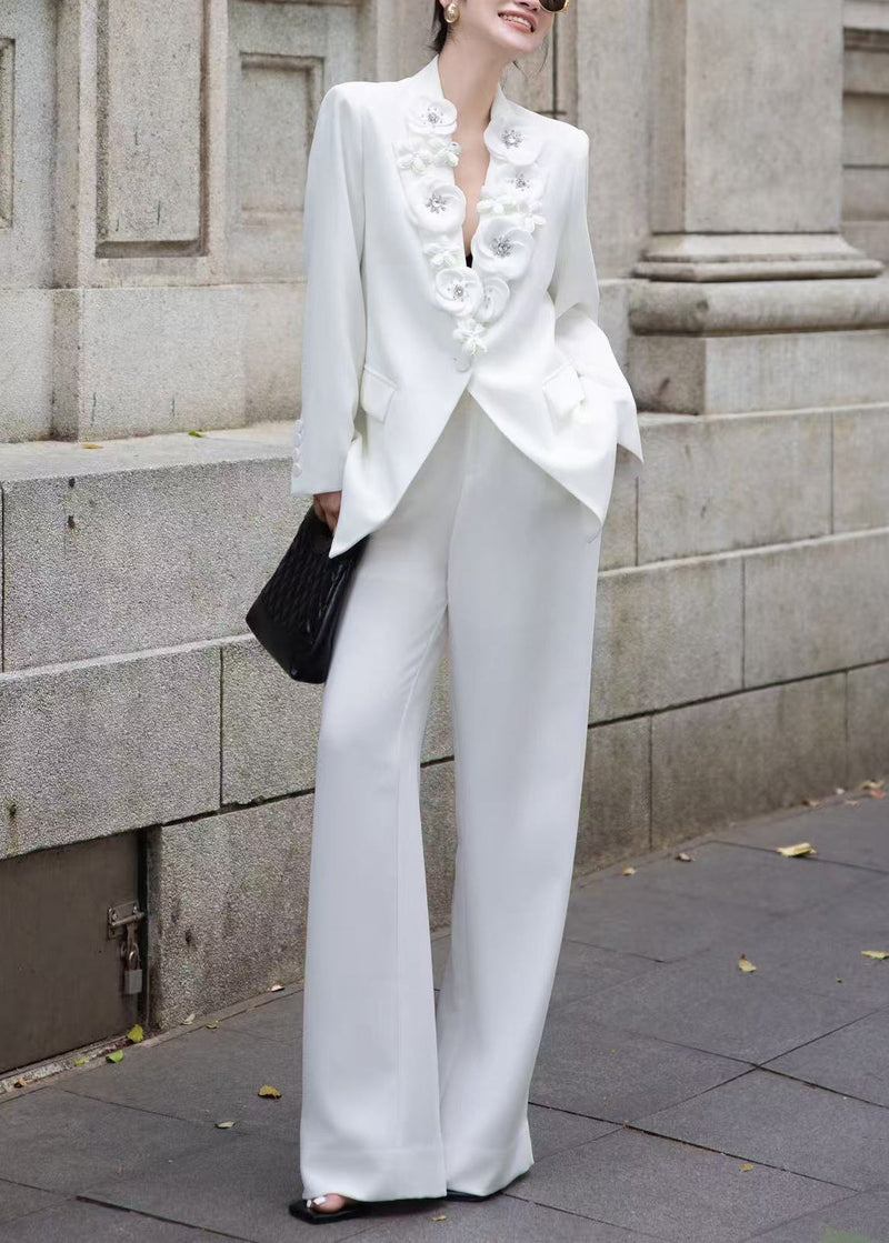 Italian White Decorated Suit Coat and Pants Two Pieces Set Fall