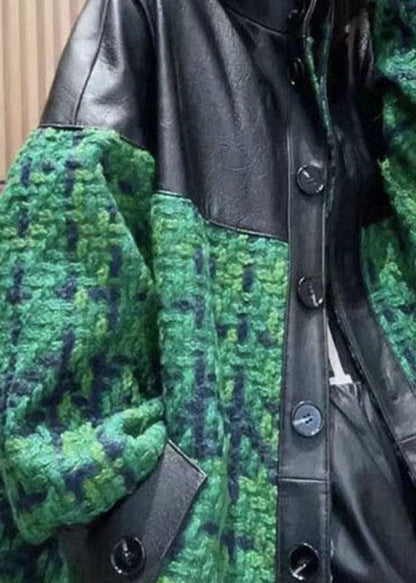 Green Stand Collar Pockets Patchwork Sheepskin Woolen Coat Outwear Spring