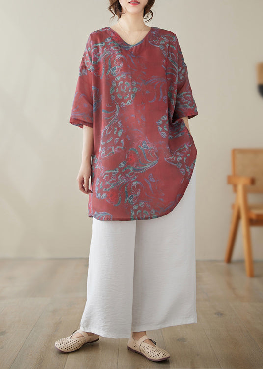 Red Print Linen Tops Half Sleeve